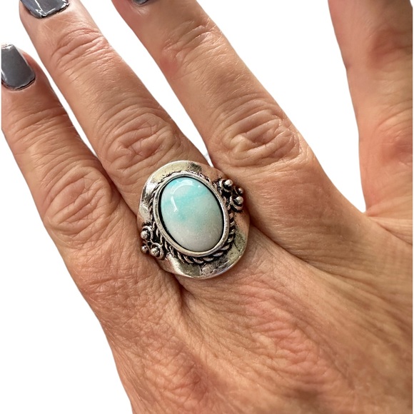 Vintage Look Silver and Sky Blue with White Center Stone Ring - Picture 1 of 6